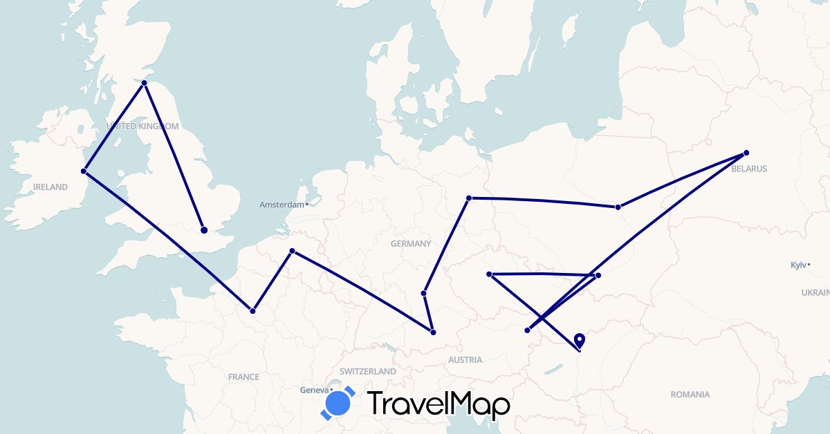 TravelMap itinerary: driving in Austria, Belgium, Belarus, Czech Republic, Germany, France, United Kingdom, Hungary, Ireland, Poland (Europe)